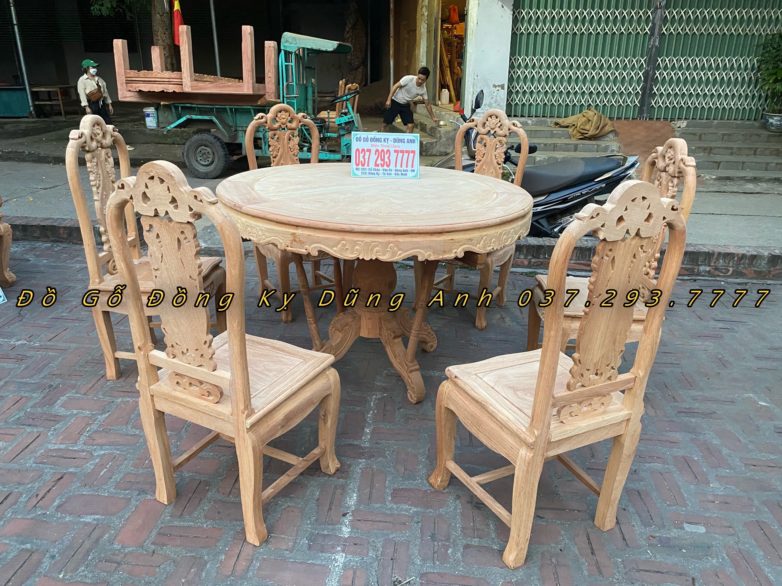 Bộ Ghế Hồng Con + Bàn tròn gỗ Gõ đỏ 6 ghế bản ĐẶC BIỆT có 4 con tiện.