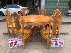 Bộ Ghế Hồng Con + Bàn tròn gỗ Gõ đỏ 6 ghế bản ĐẶC BIỆT có 4 con tiện.