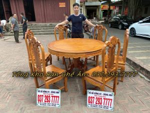Bộ Ghế Hồng Con + Bàn tròn gỗ Gõ đỏ 6 ghế bản ĐẶC BIỆT có 4 con tiện.