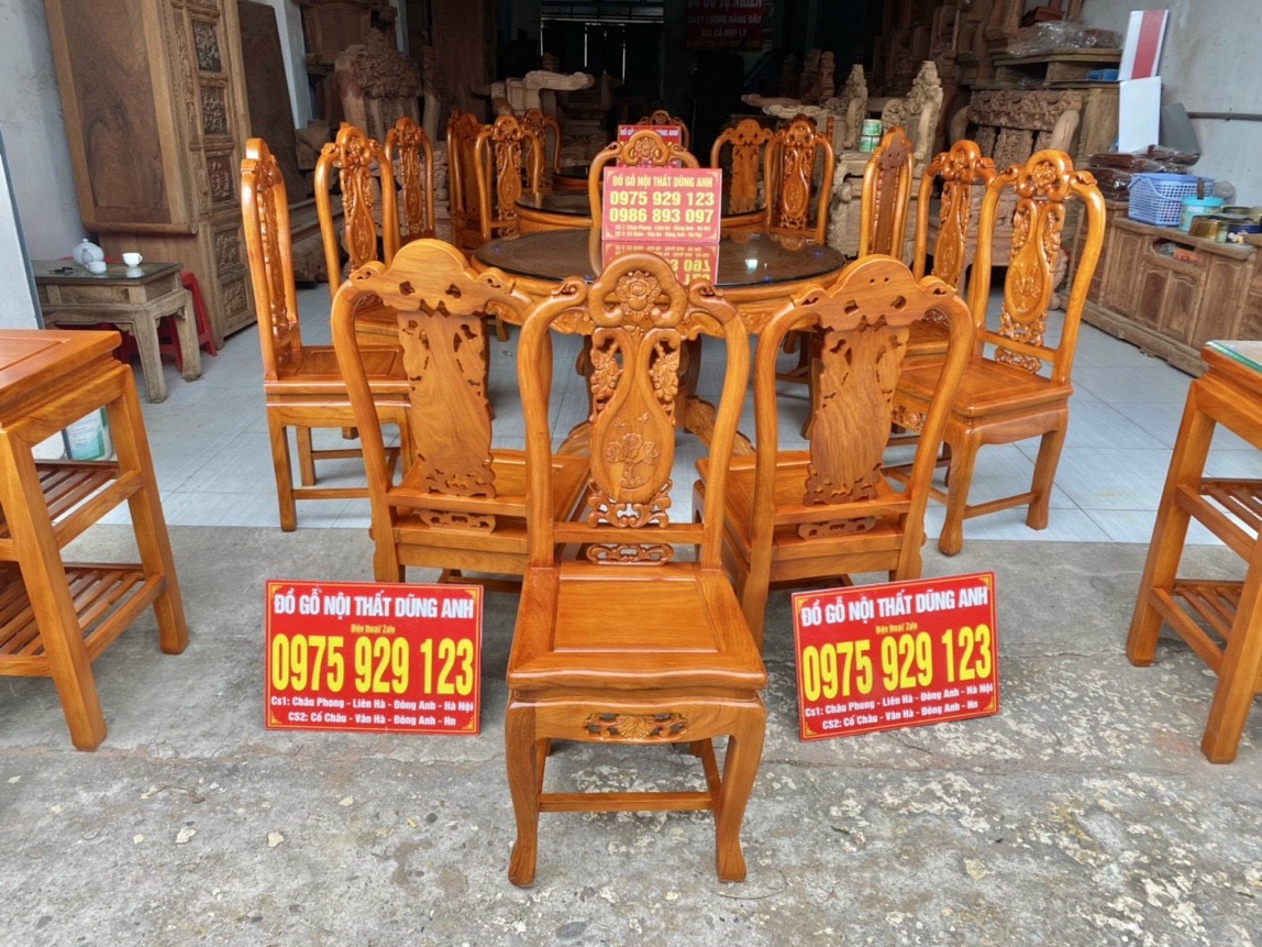 Bộ ghế ăn Hồng con 6 ghế + bàn tròn gõ đỏ