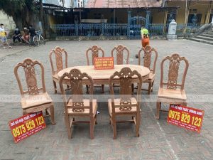 Bộ Ghế ăn Hồng con + Gỗ Hương Đá Nam Phi bàn bầu dục 8 ghế (bản mộc)