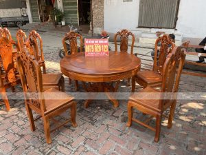 Bộ Ghế Hồng Con + Bàn tròn gỗ Hương Đá 6 ghế bản có 4 con tiện.