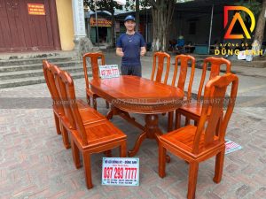 Bộ bàn ăn Triện Thọ gỗ Gõ Đỏ bàn bầu dục + 8 ghế