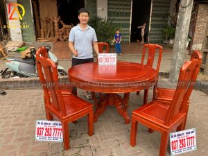 Bộ bàn ăn Triện Thọ gỗ Gõ Đỏ bàn tròn + 6 ghế