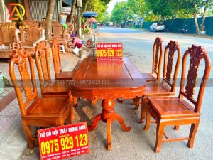 Bộ Hồng Con chất liệu gỗ Hương đá 6 ghế và bàn Vén góc
