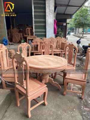 Bàn Bộ Ghế Hồng Con + Bàn tròn gỗ Hương Đá 6 ghế