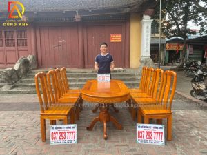 Bộ bàn ăn Triện Thọ chất liệu gỗ Gõ Đỏ bàn bầu dục + 8 ghế