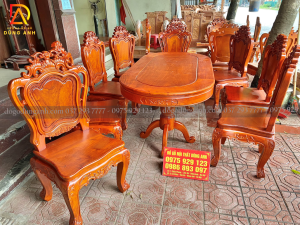 Bộ bàn ghế Louis Hoàng Gia đục 2 mặt hàng SIÊU DÀY gồm 8 ghế 1 bàn bầu dục chất liệu hương đá cực chất