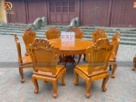 Mẫu bàn ăn LUIS hoàng gia ( đục trạm 1 mặt) + bàn tròn gỗ Gõ Đỏ cao cấp