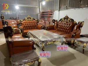 Bộ sofa Vương Miện dát vàng SIÊU VIP với chất liệu gỗ Gõ Đỏ CAO CẤP