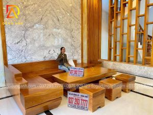 Bộ sản phẩm sofa phòng khách chữ L chất liệu gỗ Gõ Đỏ Cao cấp