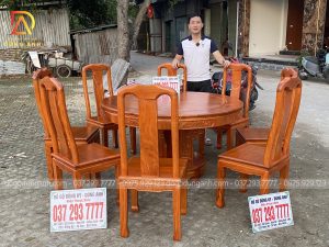 Bàn ăn Triện Thọ Tràn Nguyên Khối kết hợp bàn tròn