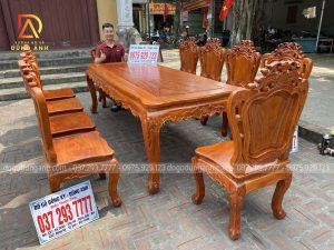 Hoàn thiện SIÊU PHẨM 10 ghế Louis Hoàng Gia với mẫu bàn củ lạc chất liệu gỗ Hương Đá