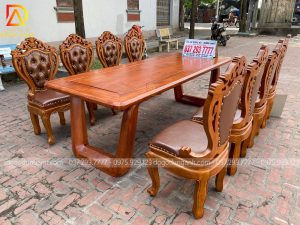Mẫu bàn chân trụ chữ U kết hợp với 8 ghế Louis hoàng gia bọc da CAO CẤP chất liệu gỗ Hương Đá
