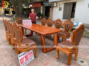 Mẫu bàn chân trụ chữ U kết hợp với 10 ghế Louis hoàng gia bọc da CAO CẤP chất liệu gỗ Hương Đá