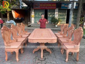 Bản mộc bộ 8 ghế louis Hoàng Gia có tay + bàn vén góc chất liệu gỗ hương đá