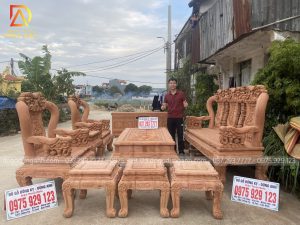 Bộ bàn ghế Minh Quốc Voi 6 món cột 12+2 đôn+kệ tivi gỗ Hương Đá cực chiến