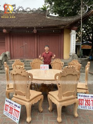 Bản mộc bộ sản phẩm 8 ghế Louis Hoàng Gia kết hợp cùng bàn tròn gỗ Gõ Đỏ cực VIP