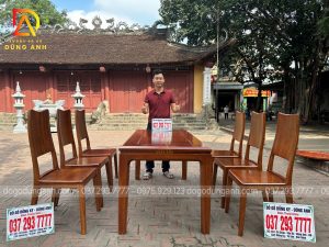 Bộ bàn ăn bo góc gỗ gõ đỏ 6 ghế trơn phun màu giả hạt rẻ