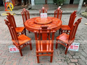 Bộ bàn ăn tròn xoay đục tiểu cảnh kết hợp 8 ghế Tần Thủy Hoàng - gỗ Hương Đá