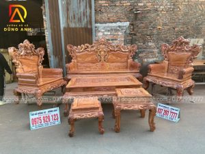 Bàn ghế Louis Hoàng Gia gỗ hương đá hàng 6 món chân cột 12 vách đặc liền