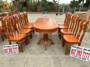 Bộ sản phẩm bàn bầu dục vén góc kết hợp 8 ghế mẫu cây đàn vách cong chữ S - gỗ Gõ Đỏ