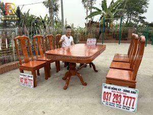 Bộ sản phẩm bàn chữ nhật cua góc kết hợp 8 ghế triện chữ Thọ mặt tràn liền tấm - gỗ Hương Đá