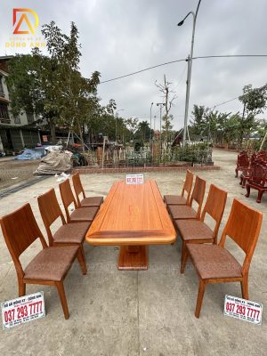 Bàn Chân trụ chữ U + Bộ 8 ghế bọc da hiện đại - gỗ GÕ ĐỎ