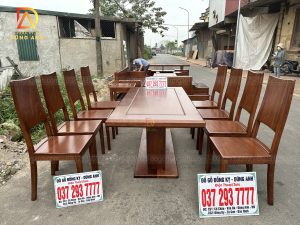Bàn chân trụ chữ U + 8 ghế hiện đại Nguyên khối - gỗ Hương Đá