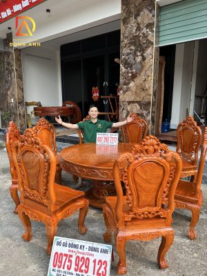 Bàn tròn Nguyên Khối + Bộ 8 ghế Louis Hoa Hồng