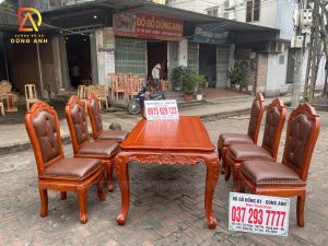 Bộ sản phẩm 6 ghế Louis Hoàng gia bọc da kết hợp bàn củ lạc -  gỗ Gõ Đỏ