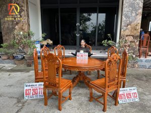 Bộ 8 ghế Trương Hồng Vách Nho + Bàn tròn yếm vén - gỗ Gõ Đỏ