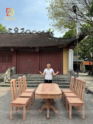 Bàn Ghế Ăn 6 Ghế Triện Thọ + Bàn Bo Cong - Gỗ Hương Đá