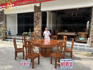 Bộ sản phẩm 8 ghế Triện Thọ + Bàn tròn yếm vén siêu khủng - gỗ Gõ Đỏ