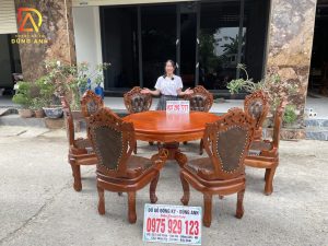 Bộ 8 Ghế Hoàng Gia Bọc Đêm có tay - Bàn Tròn yếm vén - Gỗ Gõ Đỏ