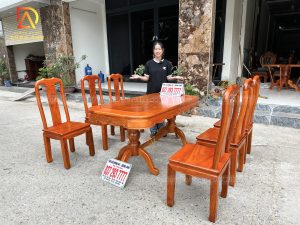 Bàn Ghế Ăn 6 Ghế Triện Thọ + Bàn Bầu Dục Yếm Vén - Gỗ Gõ Đỏ