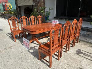 Bộ 8 ghế Chương Hồng Vách Nho + bàn chữ nhật bo góc -Gỗ Hương đá