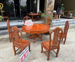 Bộ 6 ghế Chương Hồng Vách Nho + Bàn tròn yếm đục - Gỗ Gõ đỏ