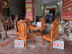 Bộ 6 Ghế Louis Hoa Hồng + Bàn Tròn nhỏ ván liền 1 tấm - Gỗ Gõ Đỏ