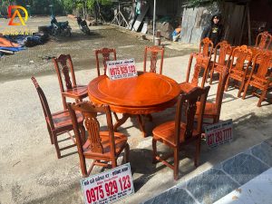 Bộ 8 ghế Cây Đàn + Bàn Tròn yếm vén ( gỗ gõ đỏ )
