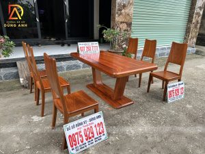 Dogodunganh | Bộ Hiện đại 6 Ghế kết hợp bàn chữ nhật + chân trụ chữ U nguyên khối - Gỗ Gõ Đỏ