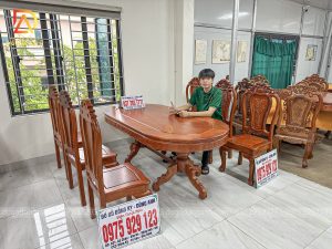 Dogodunganh | Bộ 6 Ghế Hoa Cúc + Bàn Bầu Dục Yếm Vén – Gỗ Hương Đá