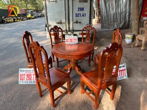 Đồ Gỗ Dũng Anh |Bộ 6 ghế Trương Hồng Vách Nho + Bàn tròn yếm vén Mini - gỗ Gõ Đỏ 