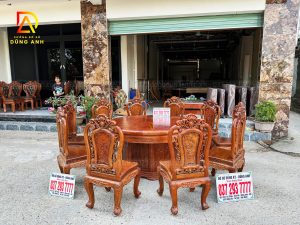 Đồ Gỗ Dũng Anh | Bộ 10 Ghế Hoàng Gia hoa hồng+ Bàn tròn yếm bo – Gỗ Gõ Đỏ