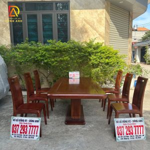 Mẫu hiện đại mới 6 ghế Anh Đào + Bàn chữ nhật trụ Thuyền - gỗ Gõ Đỏ