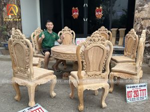 Đồ Gỗ Dũng Anh | Bộ Bàn tròn Nguyên Khối + 8 ghế Louis Hoa Hồng