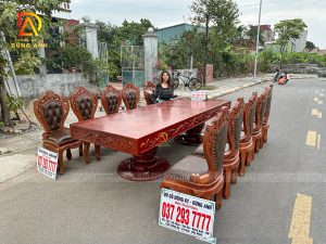 Đồ Gỗ Dũng Anh | SIÊU PHẨM bàn nguyên khối + 10 ghế Louis hoàng gia bọc đệm - gỗ gõ đỏ