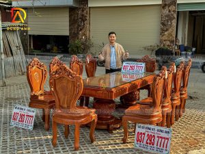 Đồ Gỗ Dũng Anh | Bộ 10 ghế Lousi Hoàng gia có tay + Bàn nguyên khối Vip pro - Gỗ Gõ Đỏ