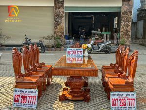 Đồ Gỗ Dũng Anh | Bộ 8 ghế Louis Hoàng gia có tay+ Bàn nguyên khối V.I.P - gỗ Gõ đỏ