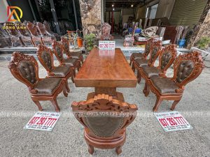 Đồ Gỗ Dũng Anh | Bộ 10 Ghế Louis Nữ Hoàng Bọc Đệm và Bàn Chữ Nhật Nguyên Khối - Gỗ Gõ Đỏ (MS11)